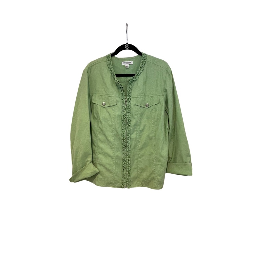 COLDWATER CREEK 2X ZIPPED LONG SLEEVE RUFFLE FRONT, TEXTURED JACKET, COTTON/SPAN